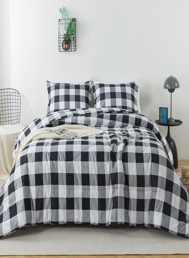 Caressma Black White Comforter Set Twin Size, Buffalo Plaid Comforter Bedding Set, Stylish Geometric Plaid Fluffy Home Decor for All Seasons - Image 2