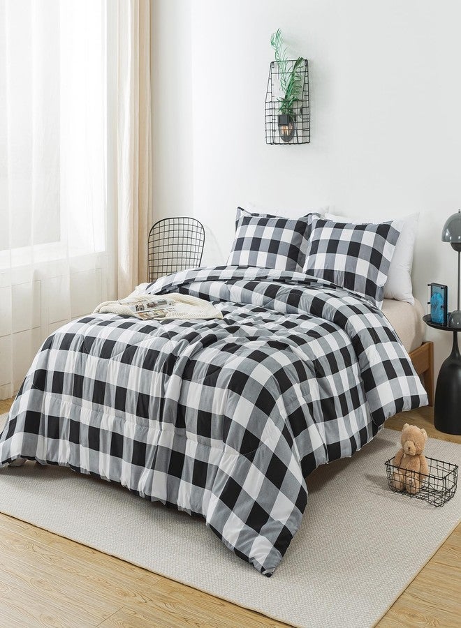 Caressma Black White Comforter Set Twin Size, Buffalo Plaid Comforter Bedding Set, Stylish Geometric Plaid Fluffy Home Decor for All Seasons - Image 3