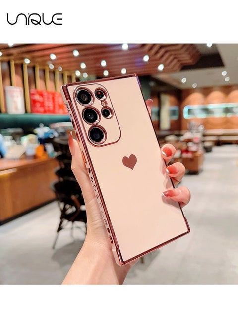 Compatible with Samsung Galaxy S24 Ultra Case Love Heart Plating Electroplate Luxury Elegant Case Camera Protector Soft TPU Shockproof Protective Back Cover Galaxy S24 Ultra Case - Pink