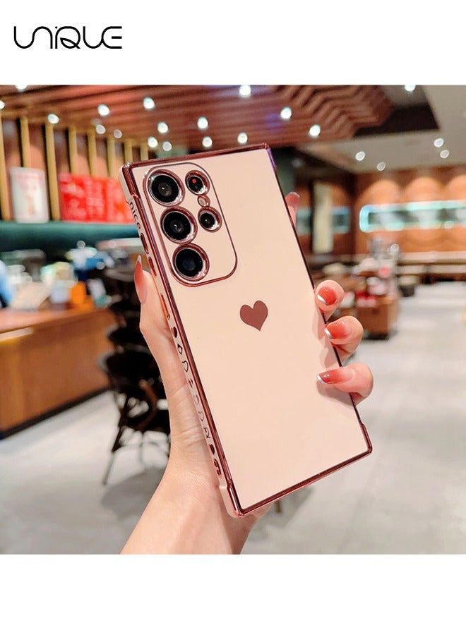 Unique Compatible with Samsung Galaxy S24 Ultra Case Love Heart Plating Electroplate Luxury Elegant Case Camera Protector Soft TPU Shockproof Protective Back Cover Galaxy S24 Ultra Case - Pink - Image 1