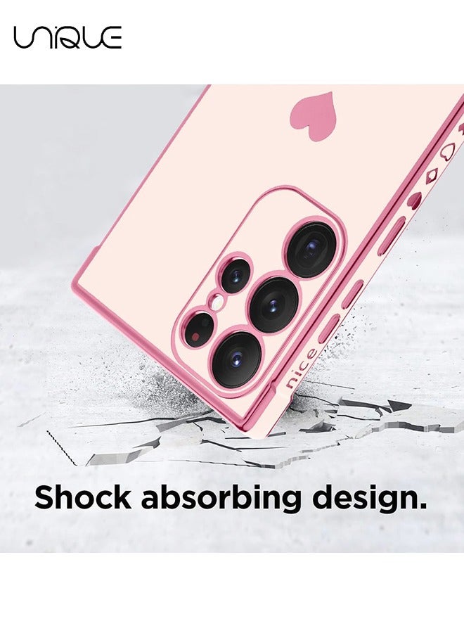 Unique Compatible with Samsung Galaxy S24 Ultra Case Love Heart Plating Electroplate Luxury Elegant Case Camera Protector Soft TPU Shockproof Protective Back Cover Galaxy S24 Ultra Case - Pink - Image 2