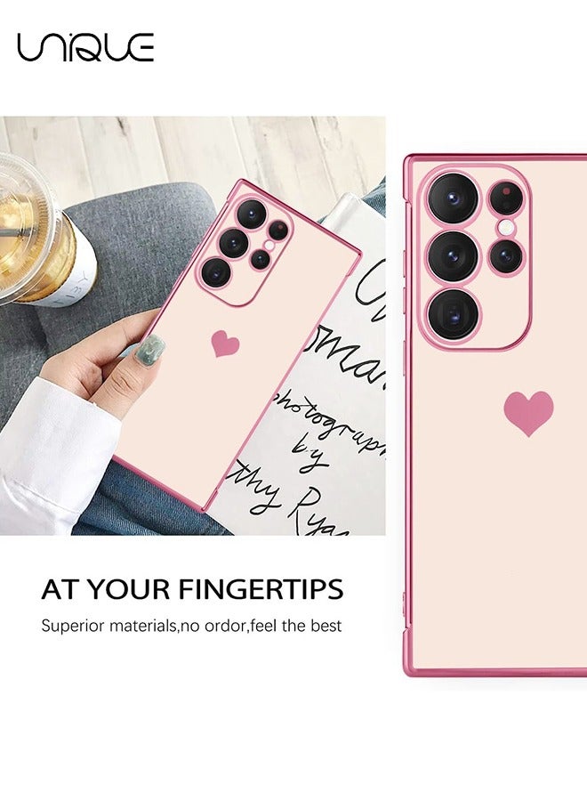 Unique Compatible with Samsung Galaxy S24 Ultra Case Love Heart Plating Electroplate Luxury Elegant Case Camera Protector Soft TPU Shockproof Protective Back Cover Galaxy S24 Ultra Case - Pink - Image 5