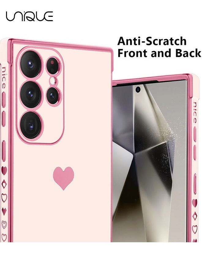 Unique Compatible with Samsung Galaxy S24 Ultra Case Love Heart Plating Electroplate Luxury Elegant Case Camera Protector Soft TPU Shockproof Protective Back Cover Galaxy S24 Ultra Case - Pink - Image 4