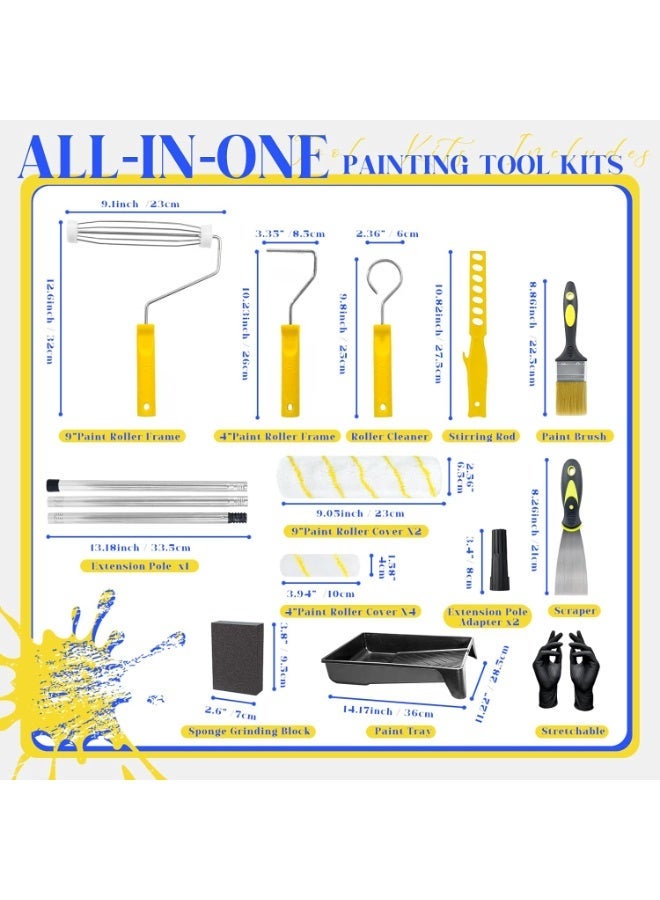 LBMT 18-Piece Paint Roller Kit with 3.3ft Extension Pole, 4" & 9" Roller Covers, Paint Tray & Brushes for Professional Painting,House Paint Rolle for Interior Walls, Ceilings & Home Projects - Image 2