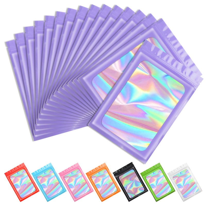 Funfery 100 pcs Purple Smell Proof Mylar Holographic Bags Packaging Bags,Clear Seal Resealable Odor Proof Bag Foil Pouch Zipper Bag for Food Storage,Gloss,Lash Packing for Small Business(2.4x3.9In) - Image 1