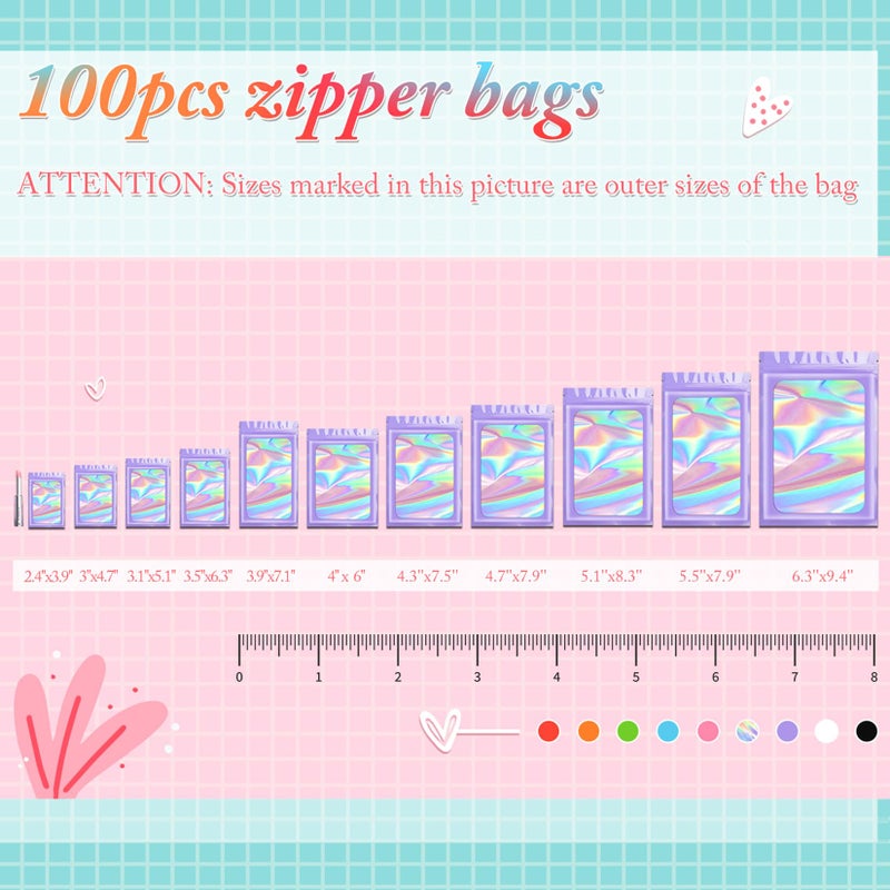 Funfery 100 pcs Purple Smell Proof Mylar Holographic Bags Packaging Bags,Clear Seal Resealable Odor Proof Bag Foil Pouch Zipper Bag for Food Storage,Gloss,Lash Packing for Small Business(2.4x3.9In) - Image 3