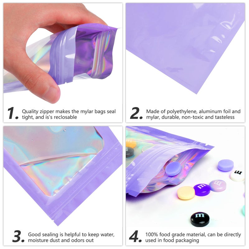 Funfery 100 pcs Purple Smell Proof Mylar Holographic Bags Packaging Bags,Clear Seal Resealable Odor Proof Bag Foil Pouch Zipper Bag for Food Storage,Gloss,Lash Packing for Small Business(2.4x3.9In) - Image 5