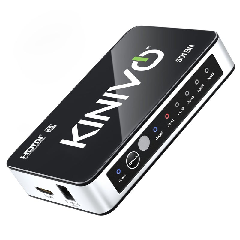 Kinivo HDMI Switch 4K HDR 501BN (5 in 1 Out, 4K 30Hz HDR, HDMI 2.0, High Speed 18Gbps, IR Remote, HDCP) - Compatible with Roku, PS5, Xbox, Apple TV, Nintendo Switch, Cable Box - Image 1