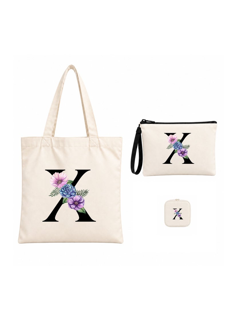 برينت شوب فور مي مجموعة هدايا (حرف مزين بالزهور): حقيبة تسوق (Tote Bag) + حقيبة صغيرة (Pouch) + علبة مجوهرات (3 في 1) - Image 1