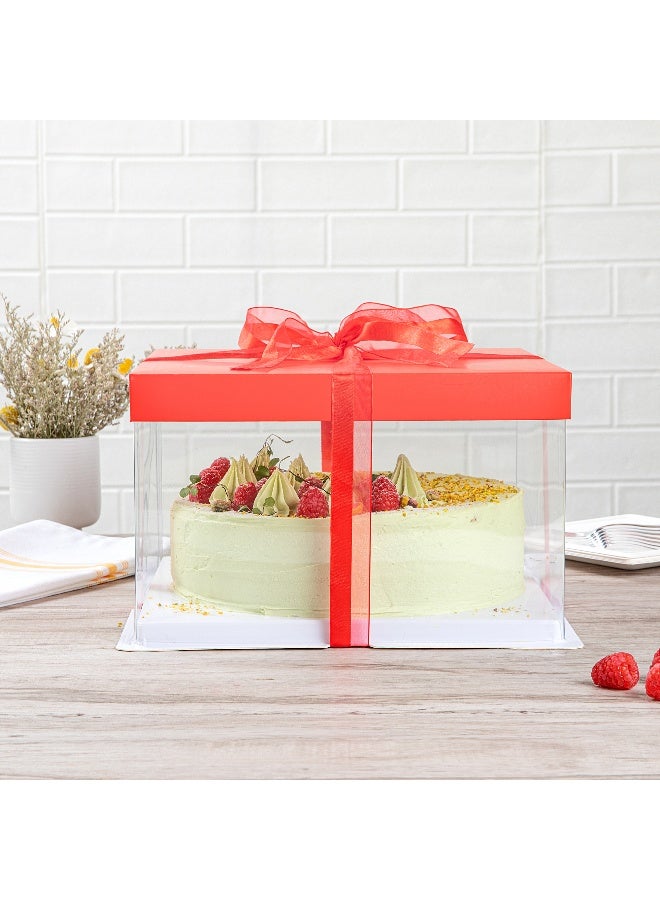 Restaurantware Sweet Vision 10 Inch x 8.25 Inch Transparent Cake Boxes, 10 Grease Resistant Base Clear Cake Boxes - Red Lid, Red Ribbon, Plastic Birthday Cake Boxes, For Weddings Or Birthdays - Image 3
