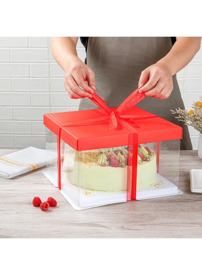 Restaurantware Sweet Vision 10 Inch x 8.25 Inch Transparent Cake Boxes, 10 Grease Resistant Base Clear Cake Boxes - Red Lid, Red Ribbon, Plastic Birthday Cake Boxes, For Weddings Or Birthdays - Image 5