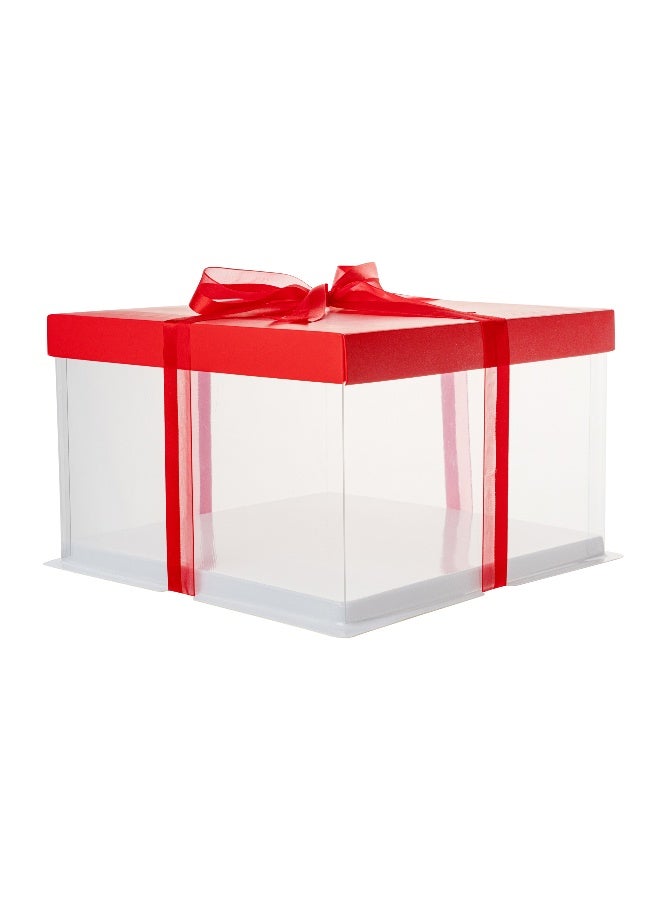 Restaurantware Sweet Vision 10 Inch x 8.25 Inch Transparent Cake Boxes, 10 Grease Resistant Base Clear Cake Boxes - Red Lid, Red Ribbon, Plastic Birthday Cake Boxes, For Weddings Or Birthdays - Image 1