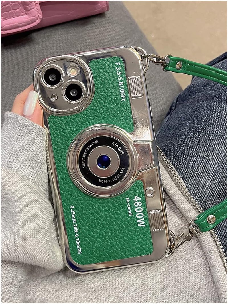 QoKcoahn 3D Vintage Camera Phone Case with Hand Strap - Unique Cool Silicone PC Shockproof Crossbody Protective Case for iPhone 16-Green - Image 2