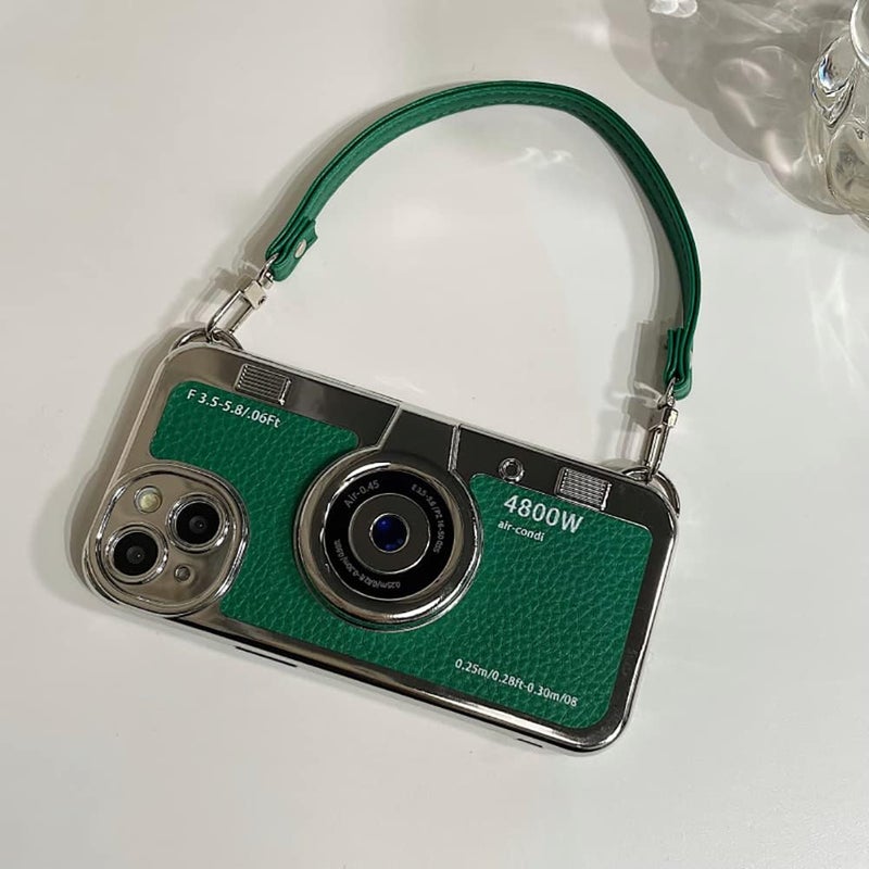 QoKcoahn 3D Vintage Camera Phone Case with Hand Strap - Unique Cool Silicone PC Shockproof Crossbody Protective Case for iPhone 16-Green - Image 4