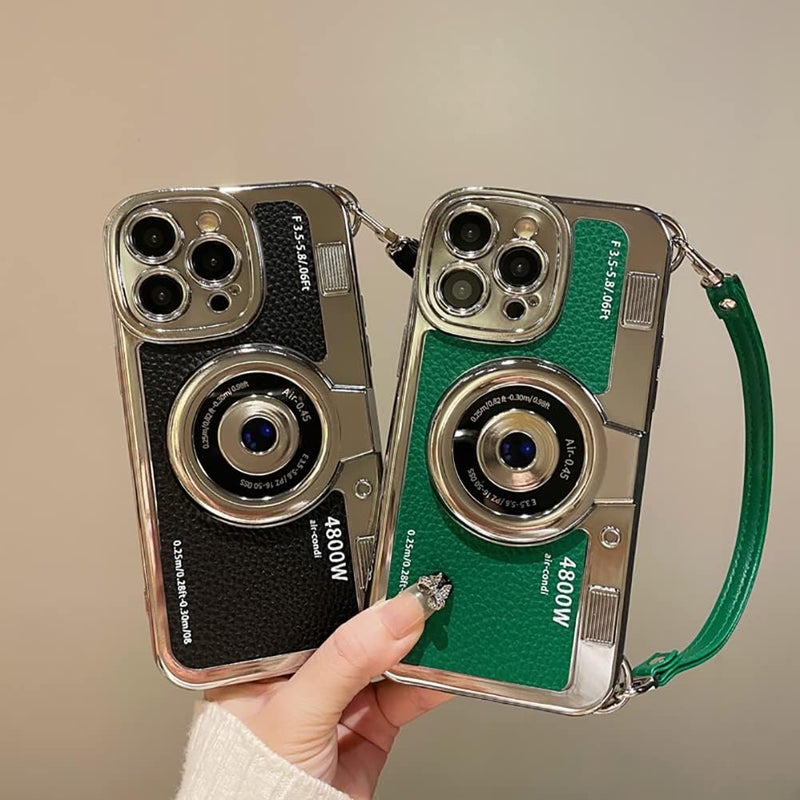 QoKcoahn 3D Vintage Camera Phone Case with Hand Strap - Unique Cool Silicone PC Shockproof Crossbody Protective Case for iPhone 16-Green - Image 5