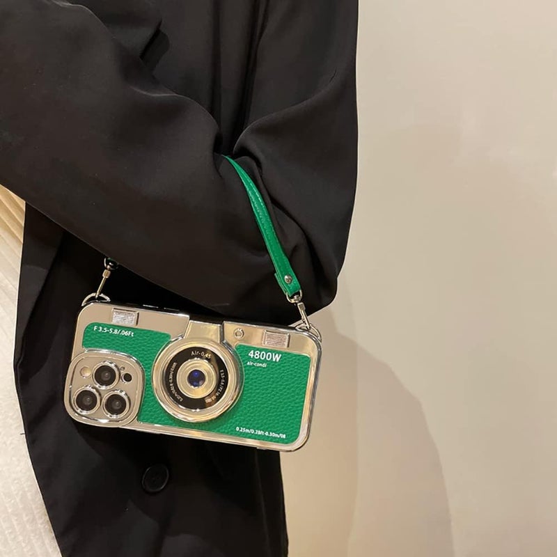 QoKcoahn 3D Vintage Camera Phone Case with Hand Strap - Unique Cool Silicone PC Shockproof Crossbody Protective Case for iPhone 16-Green - Image 3