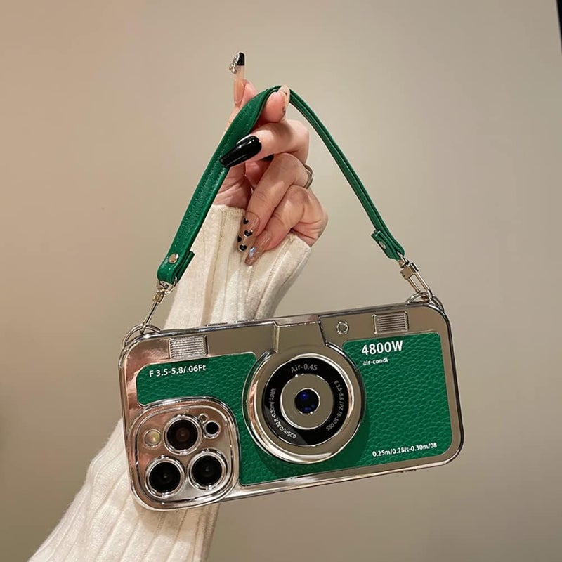 QoKcoahn 3D Vintage Camera Phone Case with Hand Strap - Unique Cool Silicone PC Shockproof Crossbody Protective Case for iPhone 16-Green - Image 1
