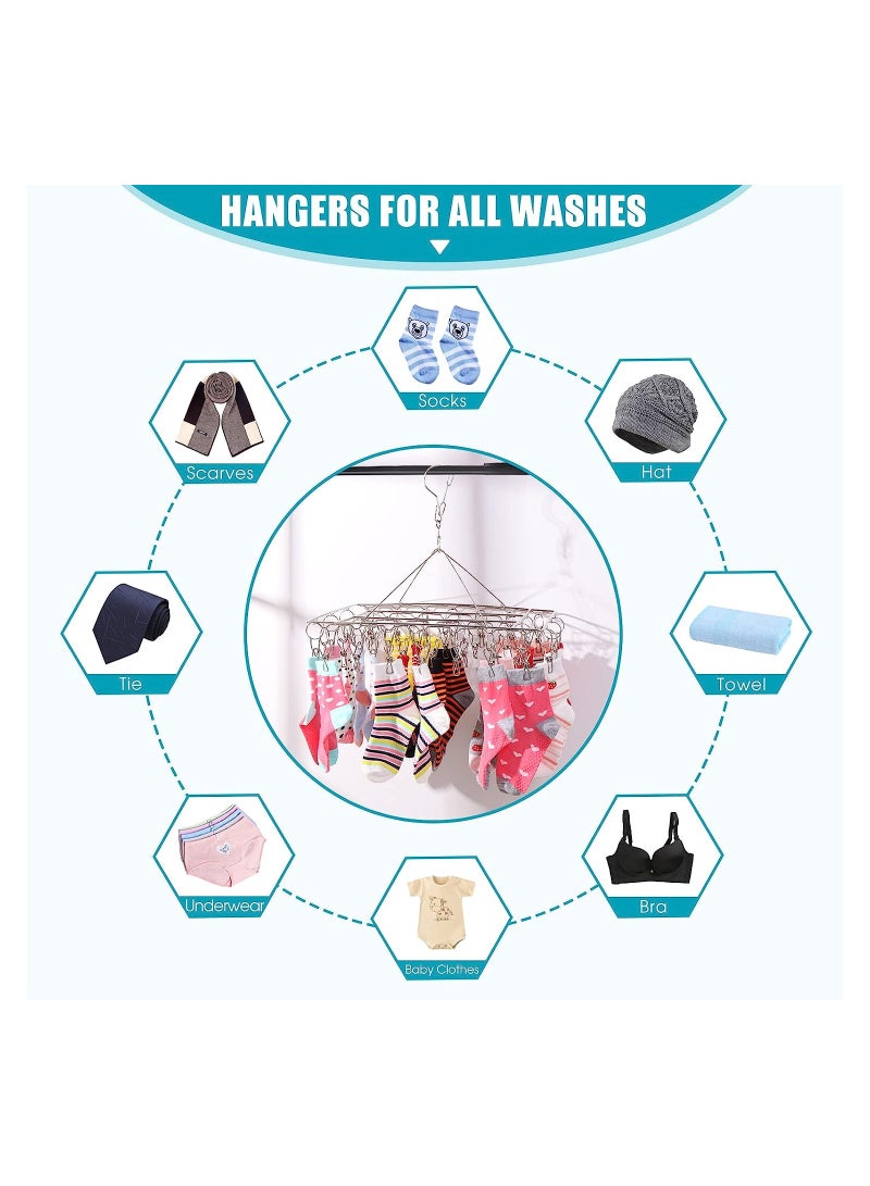 رف تجفيف الجوارب من الفولاذ المقاوم للصدأ، حامل جوارب مقاوم للرياح مع 36 دبوسًا وخطاف دوار، للجوارب، الملابس الداخلية والأغراض الصغيرة. - Image 4