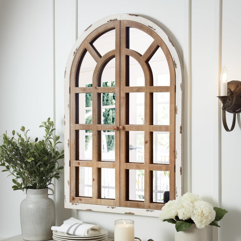 GLCS GLAUCUS Arch Window Mirror Rustic Farmhouse Cathedral 24X36 Inch Large Wood Pane White Arched Decorative Accent 