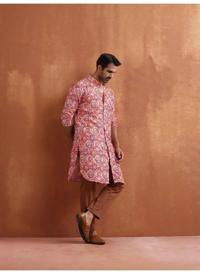 ترو برونز Men's Beige Printed Front Open Kurta