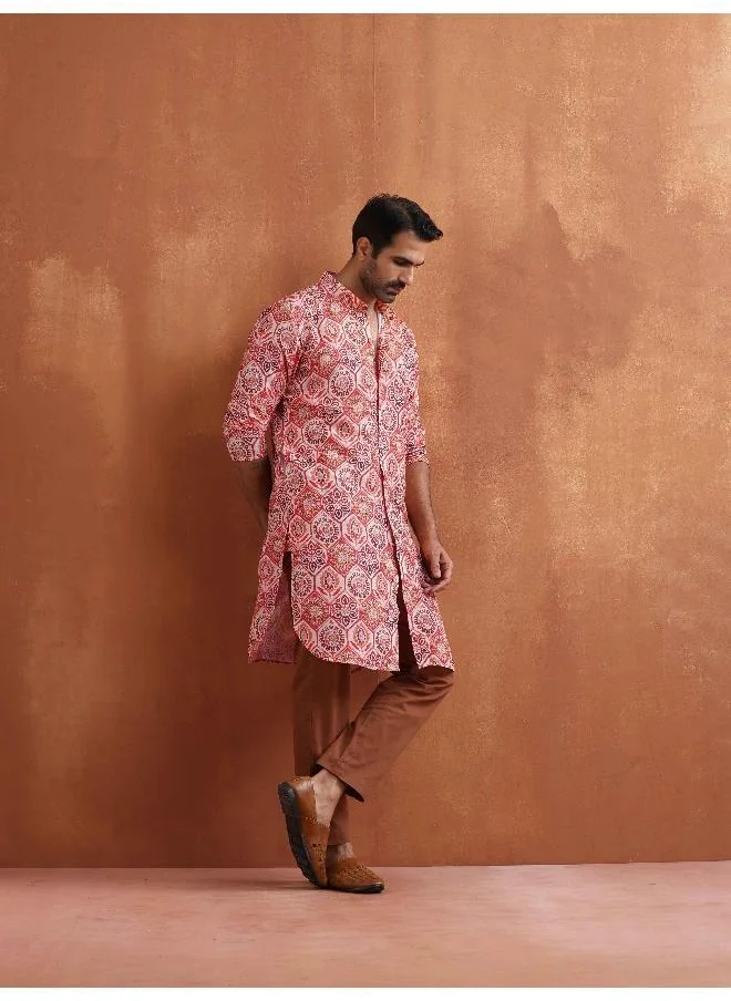 ترو برونز Men's Beige Printed Front Open Kurta
