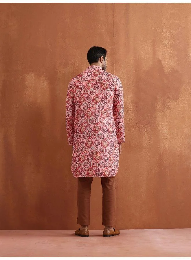 ترو برونز Men's Beige Printed Front Open Kurta