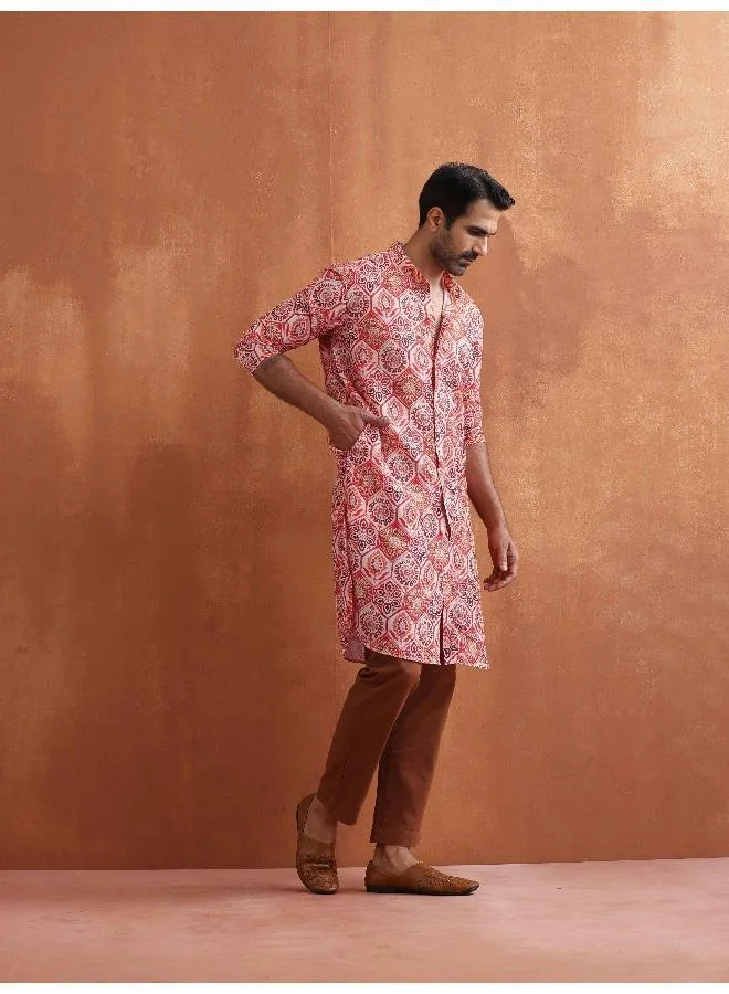 ترو برونز Men's Beige Printed Front Open Kurta