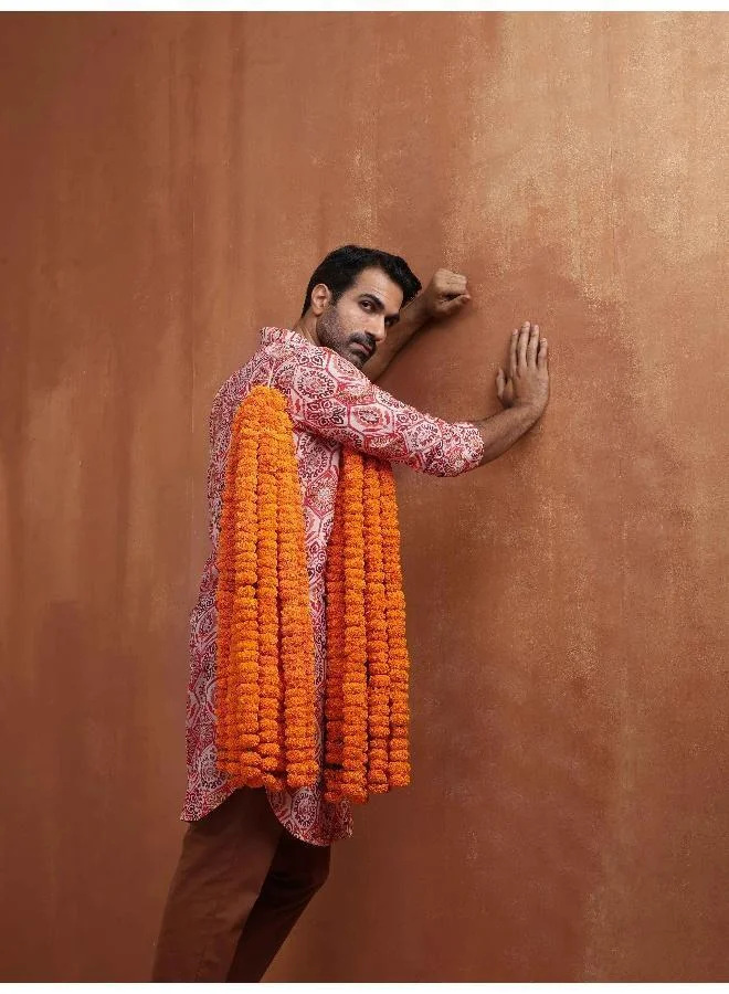ترو برونز Men's Beige Printed Front Open Kurta