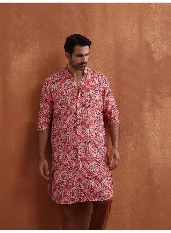 ترو برونز Men's Beige Printed Front Open Kurta