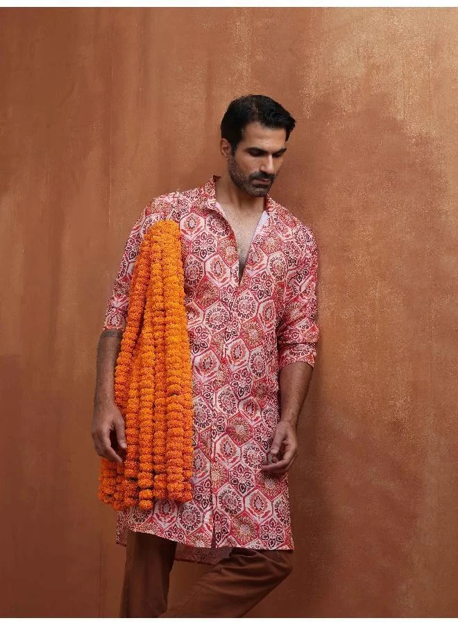 ترو برونز Men's Beige Printed Front Open Kurta