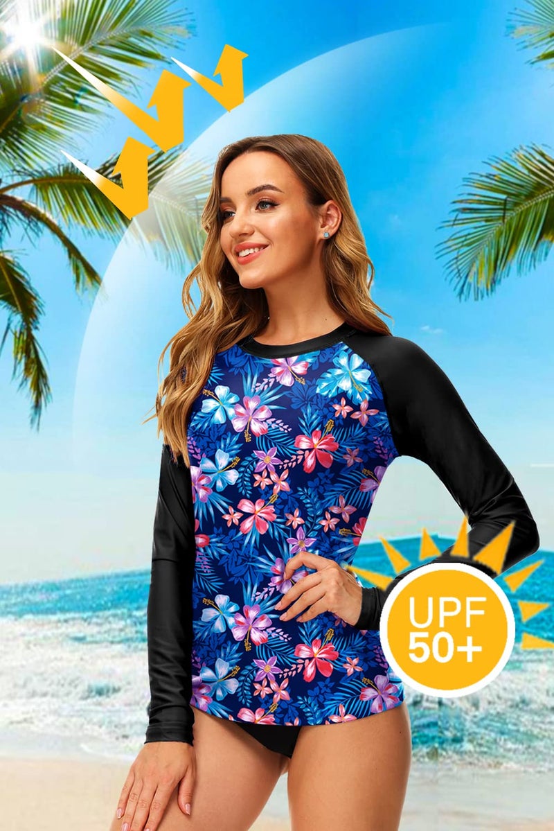 Deerose Women Swim Rashguard Shirt Long Sleeve Beach Uv UPF 50+ SPF Blue Floral Print Rash Guard S - Image 2