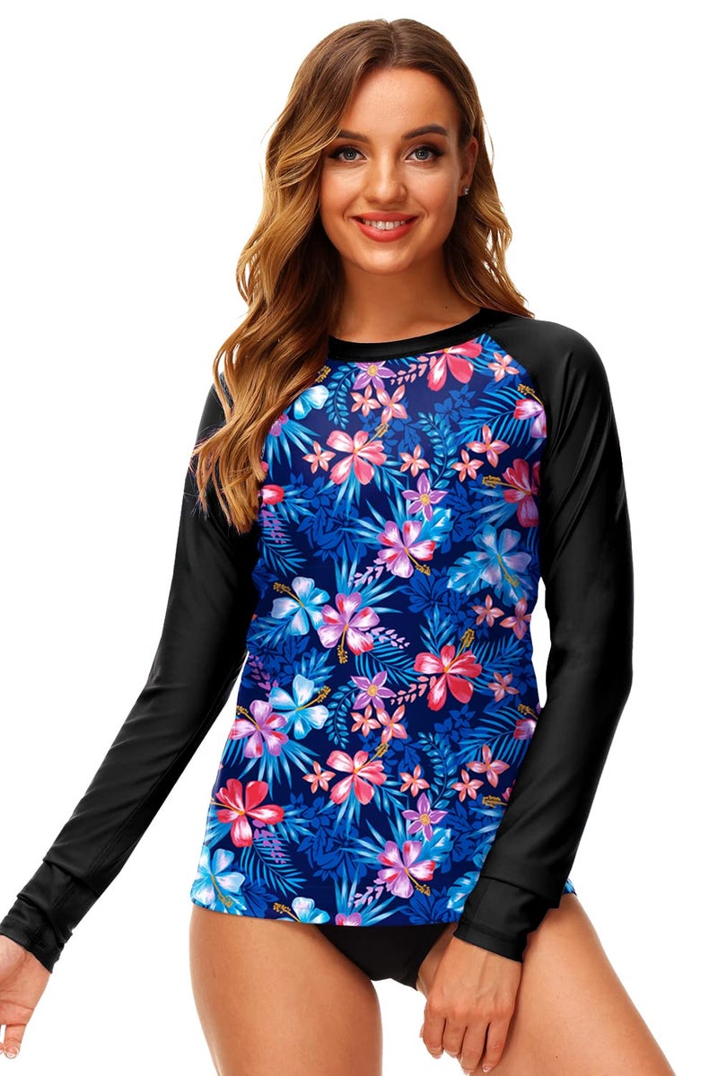 Deerose Women Swim Rashguard Shirt Long Sleeve Beach Uv UPF 50+ SPF Blue Floral Print Rash Guard S - Image 4