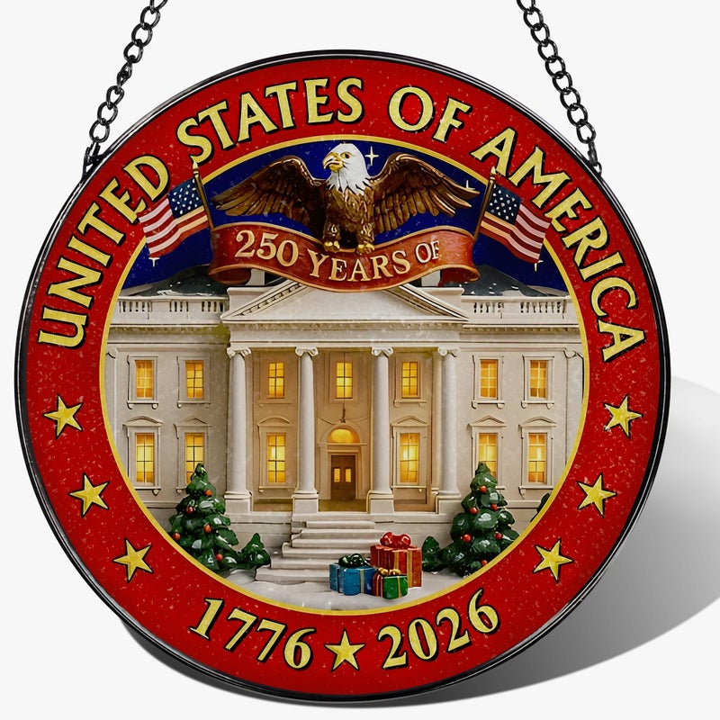 LAOWEIKI 250 Years of America Stained Glass Suncatcher, Stained Glass Window Hanging & Decor, 1776-2026 US 250th Anniversary Ornament, Patriotic Ornament, American Independence Day Gift, July 4 Decor - Image 1