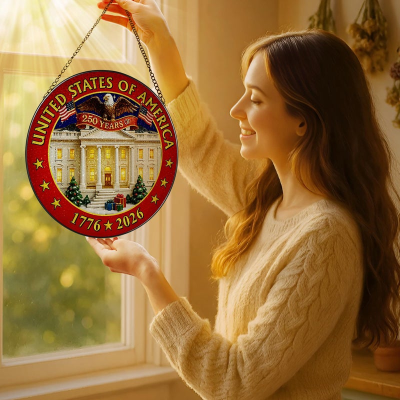 LAOWEIKI 250 Years of America Stained Glass Suncatcher, Stained Glass Window Hanging & Decor, 1776-2026 US 250th Anniversary Ornament, Patriotic Ornament, American Independence Day Gift, July 4 Decor - Image 2