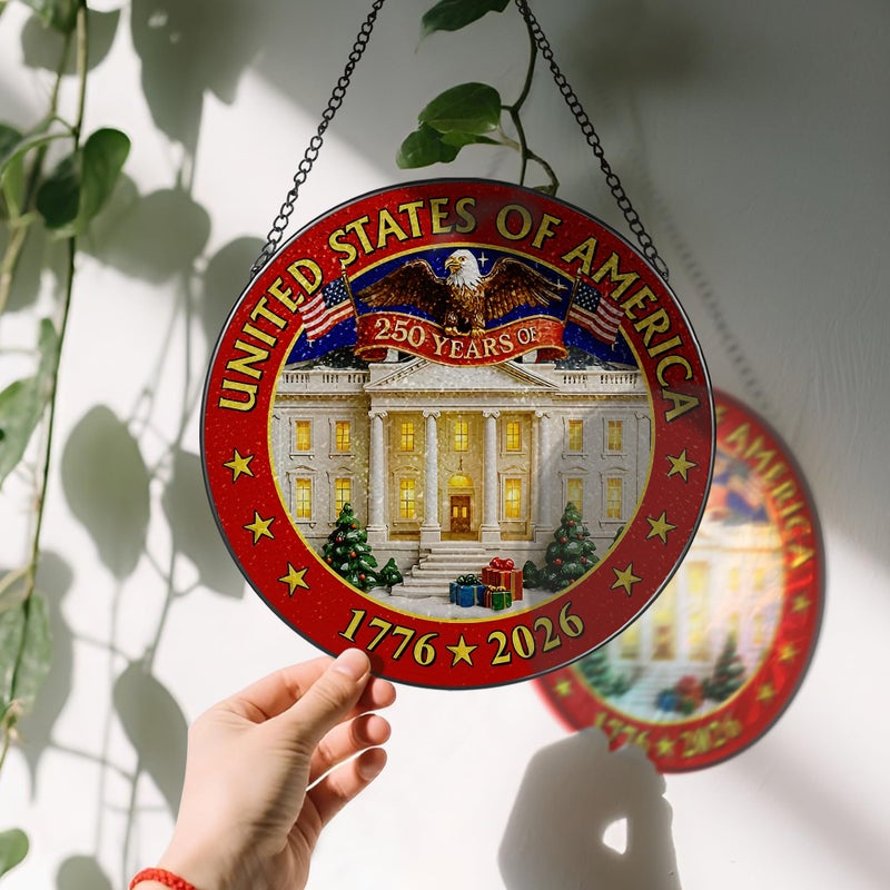 LAOWEIKI 250 Years of America Stained Glass Suncatcher, Stained Glass Window Hanging & Decor, 1776-2026 US 250th Anniversary Ornament, Patriotic Ornament, American Independence Day Gift, July 4 Decor - Image 3