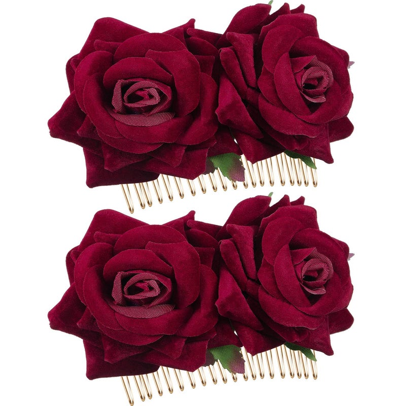 Bememo 2 Pack Women Rose Flower Hair Clip Rose Side Combs Flamenco Flowers Day of The Dead Costumes Mexican Hair Accessories for Wedding Party Mother's Day(Dark Red)