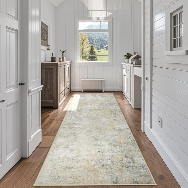 Aelenmu Runner Rug For Hallways Kitchen 2'6""X8' Washable Non Slip: Carpet Non Skid 8Ft Entryway Rubber Backed 8 Feet Neutral Abstract Modern Rug Low Pile Pet Friendly Indoor Beige Grey - Image 1