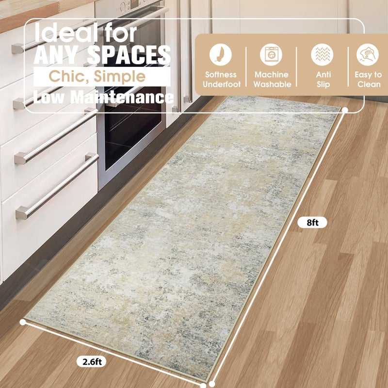 Aelenmu Runner Rug For Hallways Kitchen 2'6""X8' Washable Non Slip: Carpet Non Skid 8Ft Entryway Rubber Backed 8 Feet Neutral Abstract Modern Rug Low Pile Pet Friendly Indoor Beige Grey - Image 2
