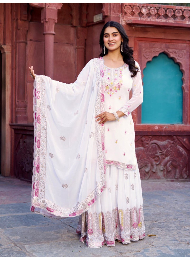 Super Asian Designer Faux Georgette Sharara Set with Thread & Sequin Embroidery and Dupatta – Elegant Party Wear - Image 1