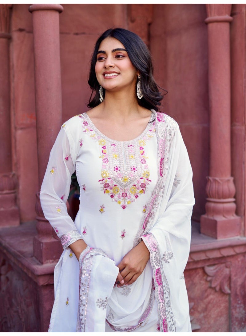 Super Asian Designer Faux Georgette Sharara Set with Thread & Sequin Embroidery and Dupatta – Elegant Party Wear - Image 2