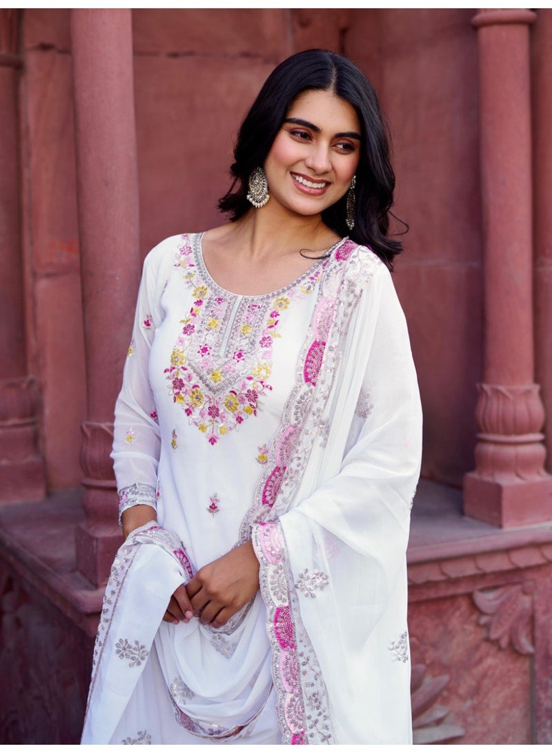 Super Asian Designer Faux Georgette Sharara Set with Thread & Sequin Embroidery and Dupatta – Elegant Party Wear - Image 4