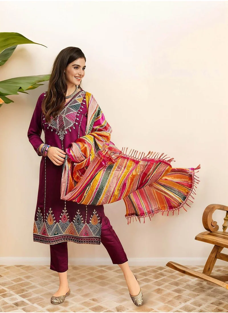 ISHIN Women's Purple 100% Cotton Embellished Tunic Full Length Casual Straight Fit Kurta Set
