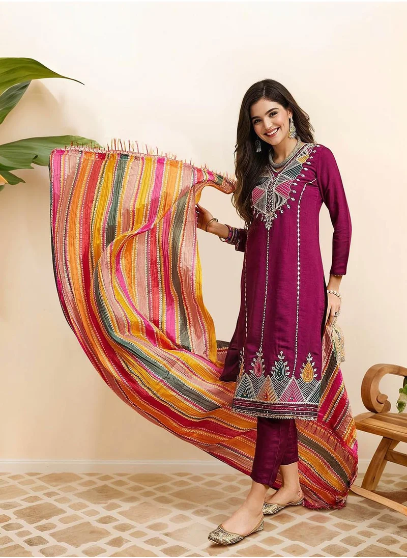ISHIN Women's Purple 100% Cotton Embellished Tunic Full Length Casual Straight Fit Kurta Set