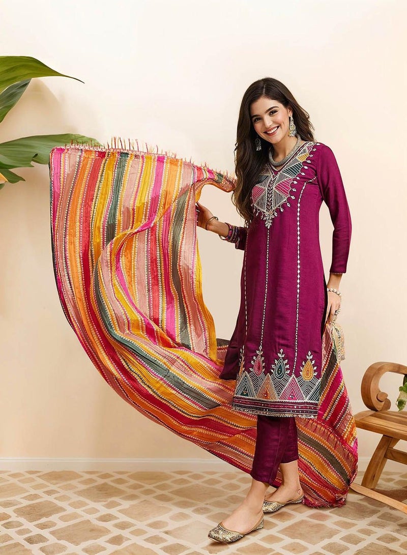 ISHIN Women's Purple 100% Cotton Embellished Tunic Full Length Casual Straight Fit Kurta Set  - Image 1