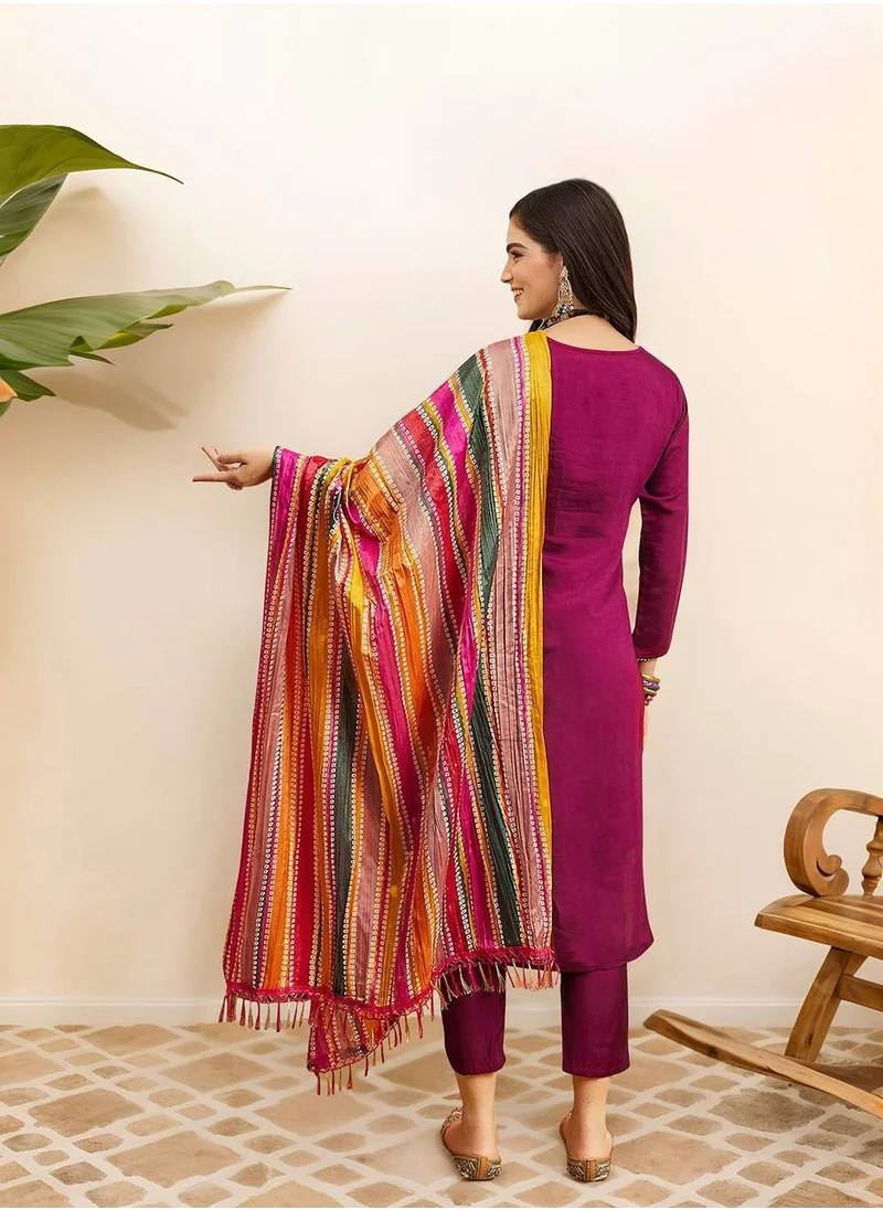 ISHIN Women's Purple 100% Cotton Embellished Tunic Full Length Casual Straight Fit Kurta Set