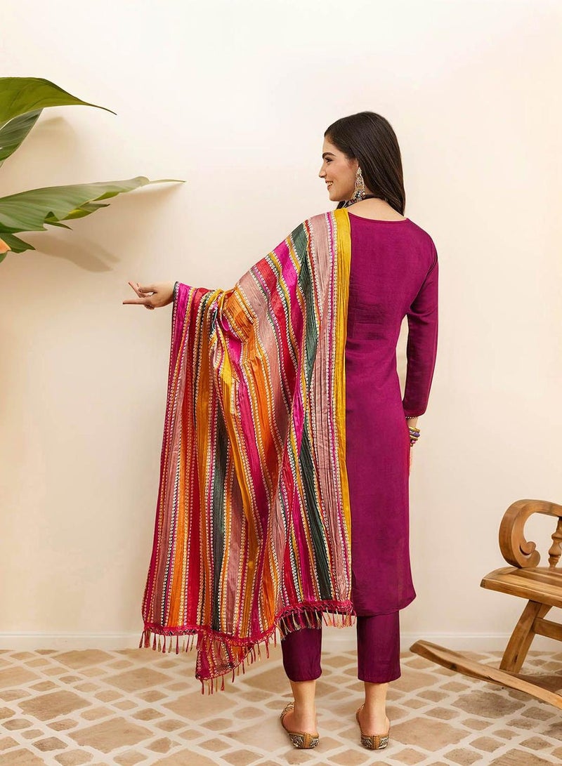 ISHIN Women's Purple 100% Cotton Embellished Tunic Full Length Casual Straight Fit Kurta Set  - Image 5