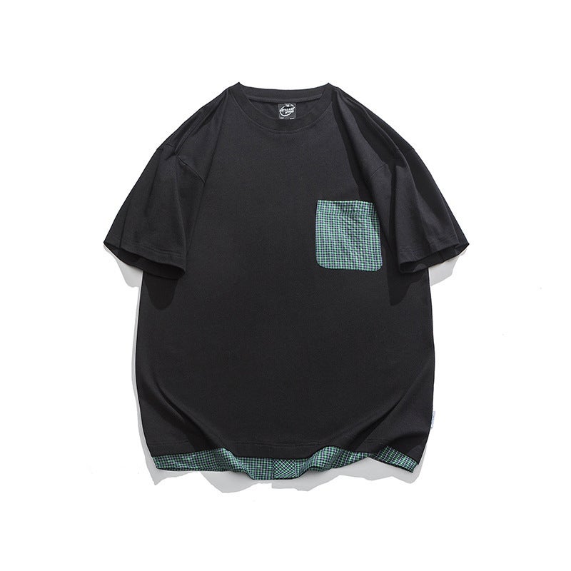 Trendy 2024 Japanese Retro Loose Plaid Patch Bag Fake Two-Piece T-Shirt Trendy Casual Short-Sleeved Men - Image 1