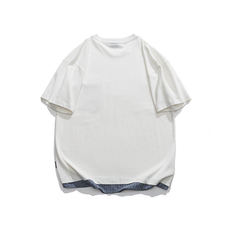 Trendy 2024 Japanese Retro Loose Plaid Patch Bag Fake Two-Piece T-Shirt Trendy Casual Short-Sleeved Men - Image 5