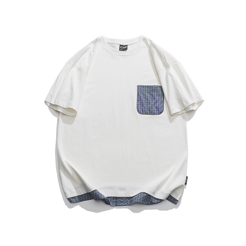 Trendy 2024 Japanese Retro Loose Plaid Patch Bag Fake Two-Piece T-Shirt Trendy Casual Short-Sleeved Men - Image 2
