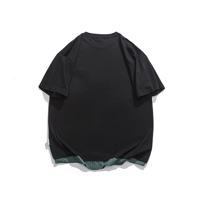Trendy 2024 Japanese Retro Loose Plaid Patch Bag Fake Two-Piece T-Shirt Trendy Casual Short-Sleeved Men - Image 4